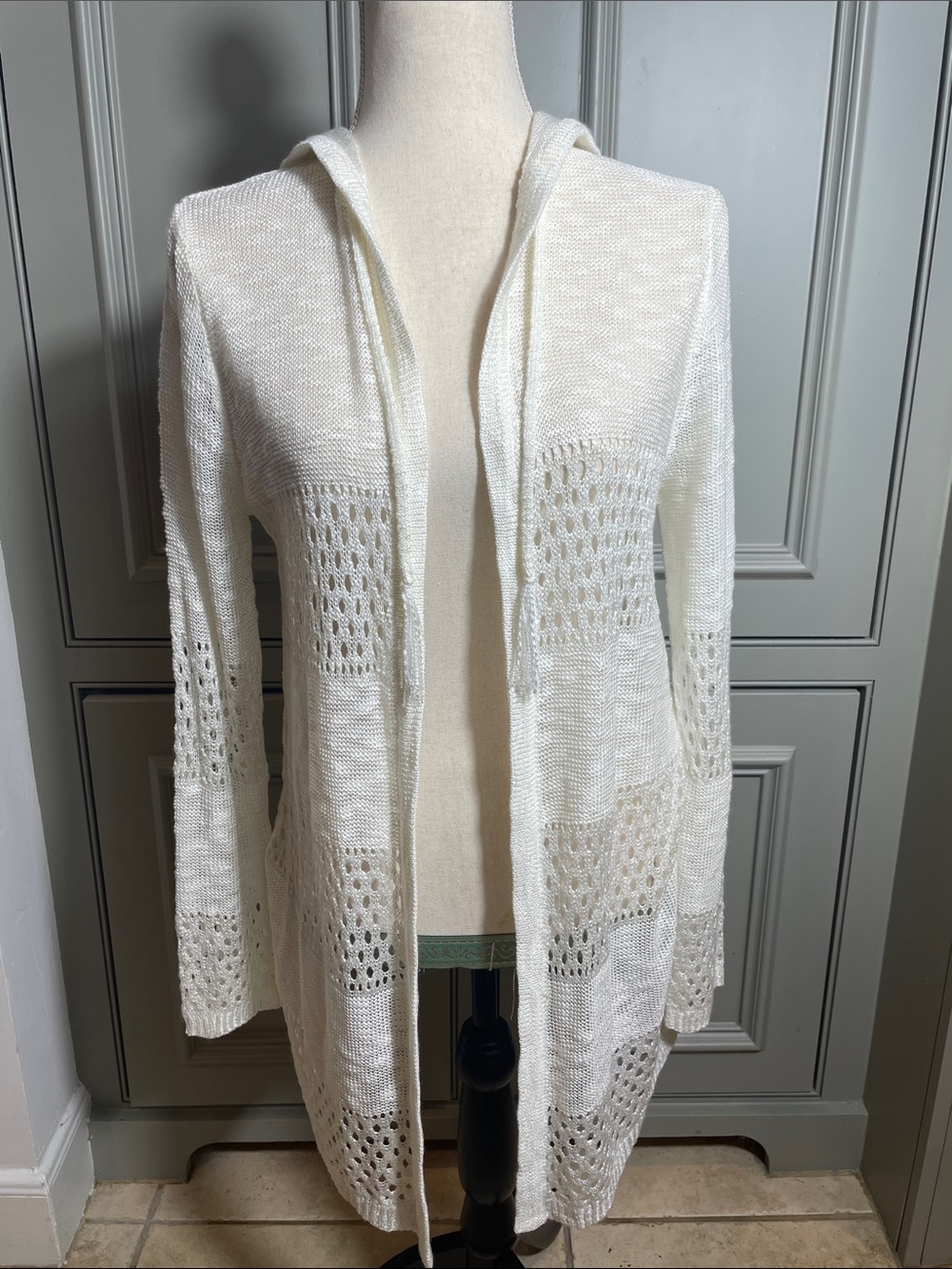 Open-Front Pointelle Hooded Knit Cardigan - White